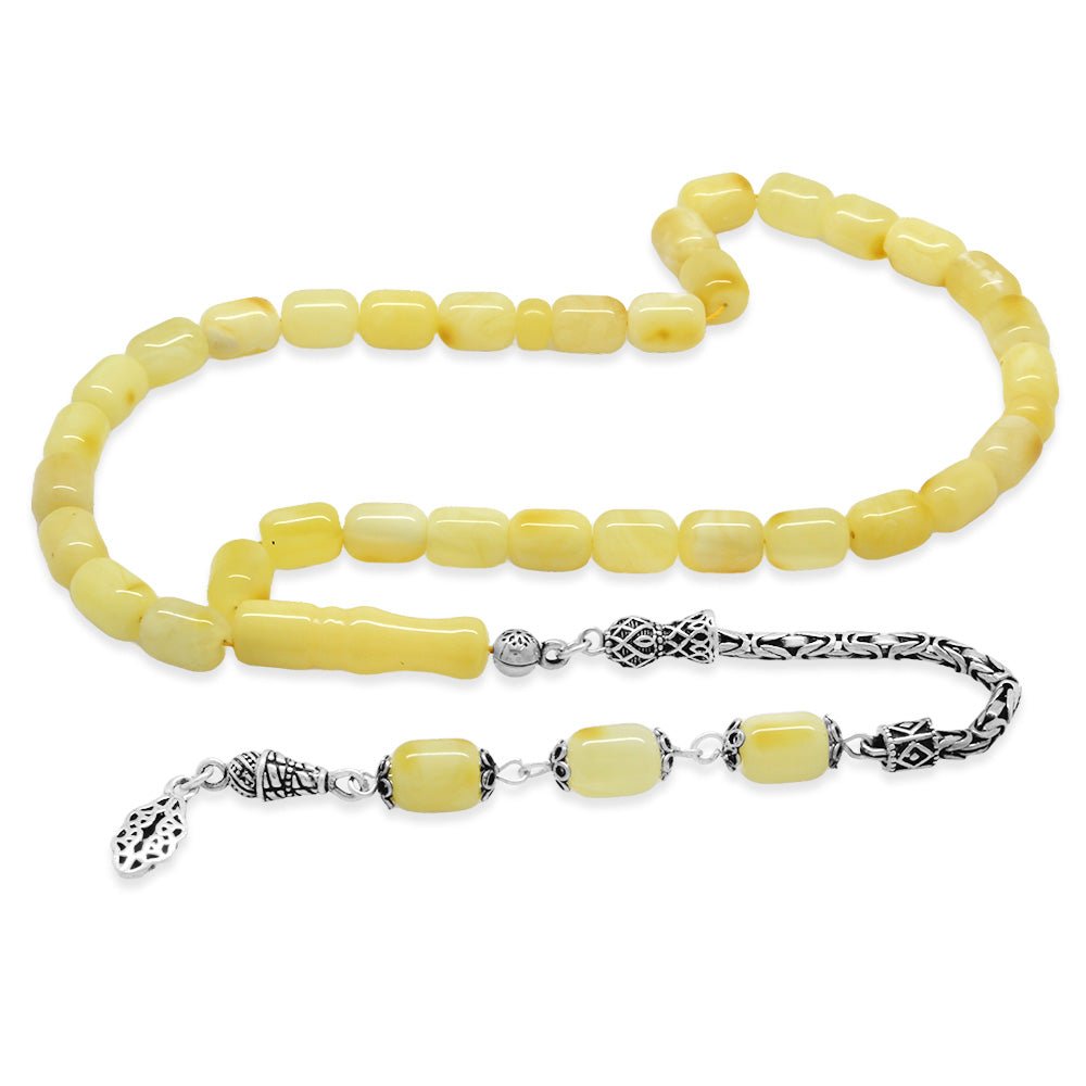 925 Sterling Silver King Chain Tasseled Chubby Capsule Cut Yellow - White Color Patined Drop Amber Rosary - EFENDINA PAZAR - Tesbihane - 101005008
