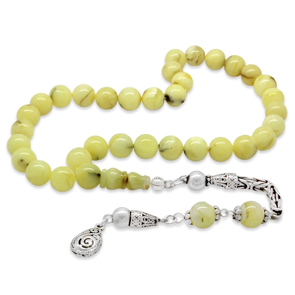 925 Sterling Silver King Chain Tasseled Globe Cut White - Brown Natural Drop Amber Rosary - EFENDINA PAZAR - Tesbihane - 101004848