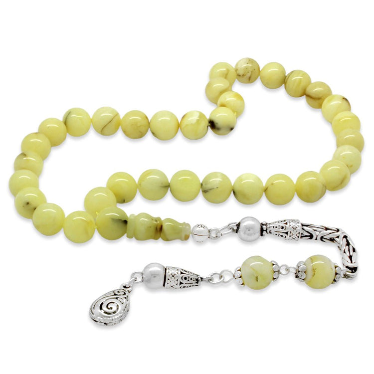 925 Sterling Silver King Chain Tasseled Globe Cut White - Brown Natural Drop Amber Rosary - EFENDINA PAZAR - Tesbihane - 101004848