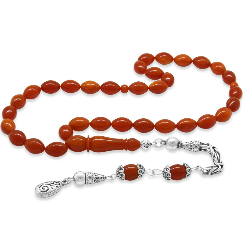 925 Sterling Silver King Tassel Barley Cut Orange Red Squeezed Amber Rosary - EFENDINA PAZAR - Tesbihane - 101004463