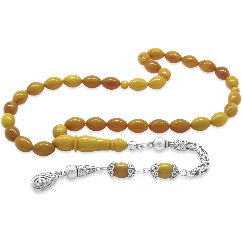 925 Sterling Silver King Tassel Barley Cut Yellow Brown Squeezed Amber Rosary - EFENDINA PAZAR - Tesbihane - 101004453