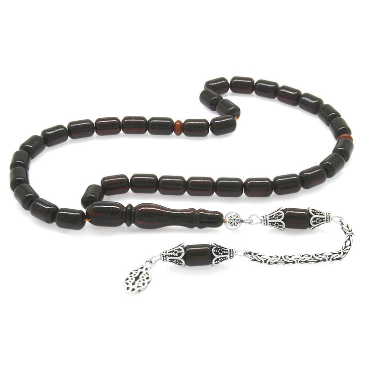 925 Sterling Silver King Tassel Capsule Cut Dark Red Drop Amber Rosary - EFENDINA PAZAR - Tesbihane - 101004314