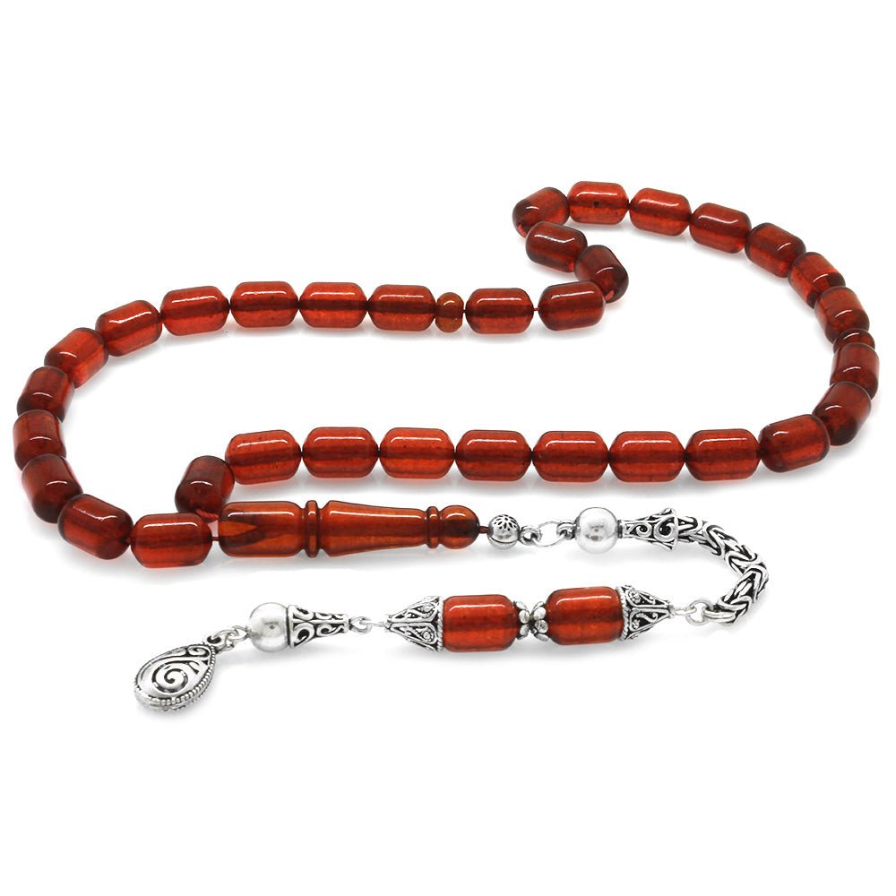 925 Sterling Silver King Tassel Capsule Cut Flag Red Drop Amber Rosary - EFENDINA PAZAR - Tesbihane - 101004316