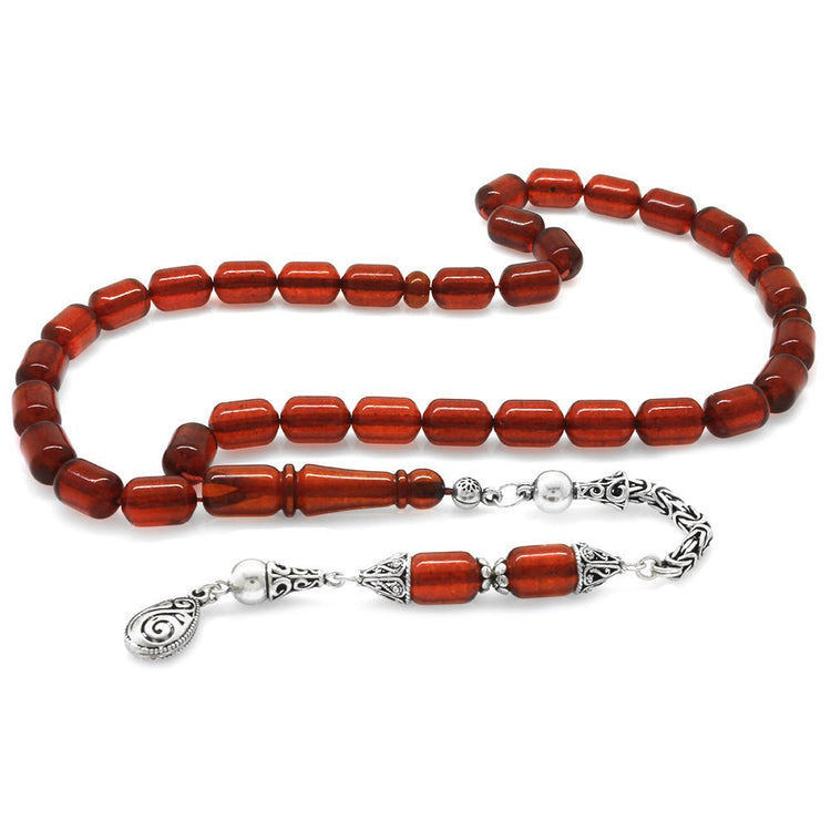 925 Sterling Silver King Tassel Capsule Cut Flag Red Drop Amber Rosary - EFENDINA PAZAR - Tesbihane - 101004316