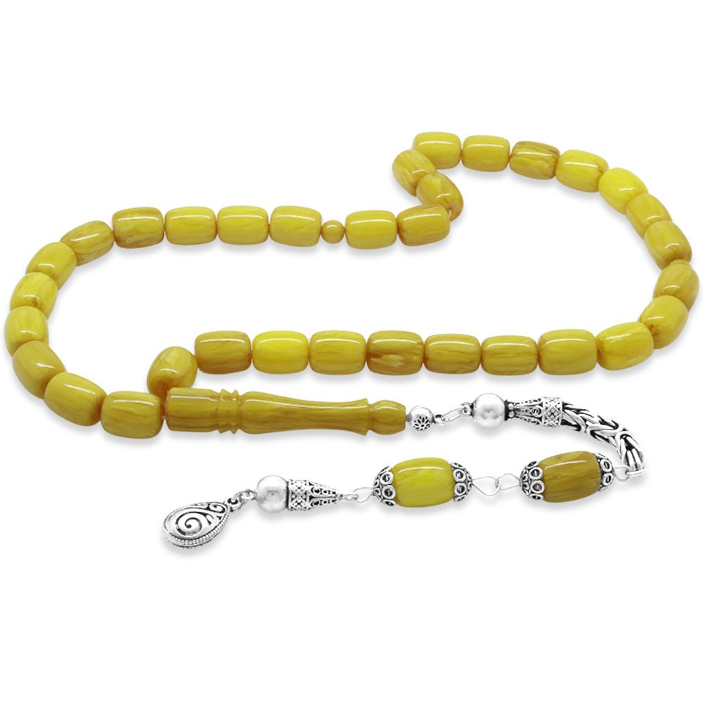 925 Sterling Silver King Tassel Capsule Cut Green and White Crimped Amber Rosary - EFENDINA PAZAR - Tesbihane - 101004468