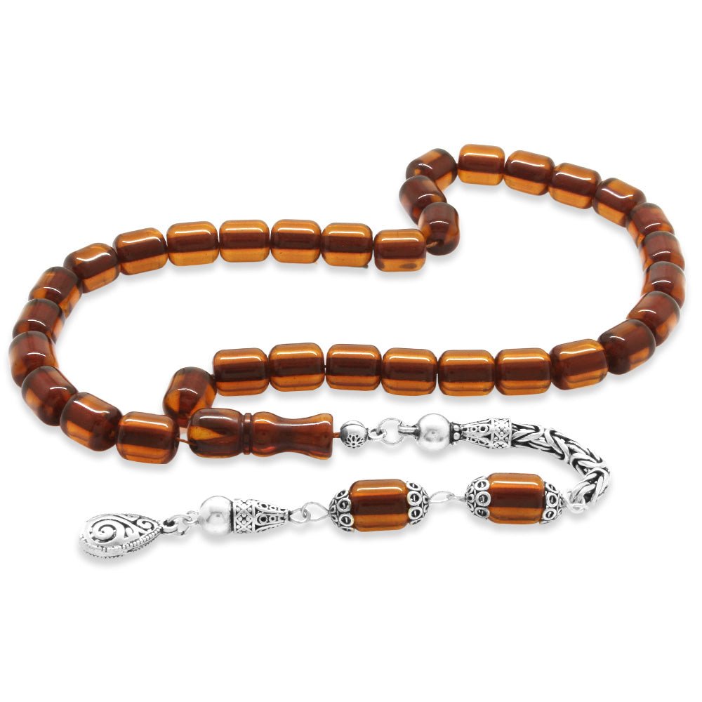 925 Sterling Silver King Tassel Capsule Cut Honey Color Crimped Amber Rosary - EFENDINA PAZAR - Tesbihane - 101004461