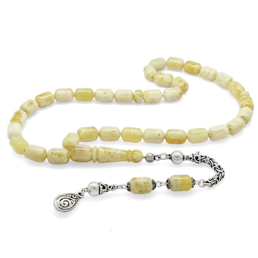 925 Sterling Silver King Tassel Capsule Cut King Seccer Yellow - White Moire Drop Amber Rosary - EFENDINA PAZAR - Tesbihane - 101004307