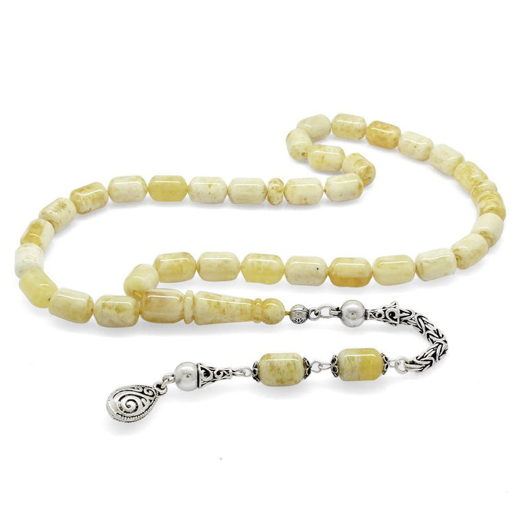925 Sterling Silver King Tassel Capsule Cut King Seccer Yellow - White Moire Drop Amber Rosary - EFENDINA PAZAR - Tesbihane - 101004307