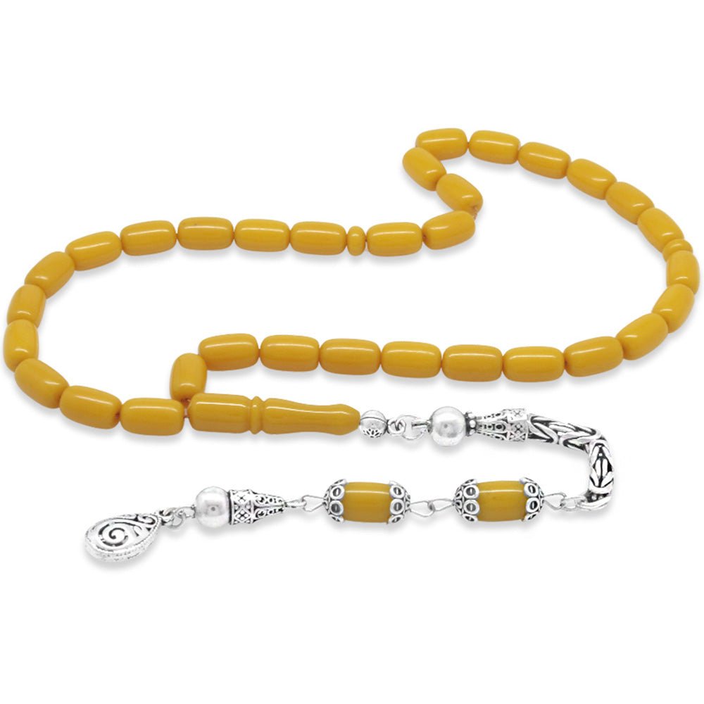 925 Sterling Silver King Tassel Capsule Cut Mustard Color Bleeding Tortoiseshell Tight Amber Rosary - EFENDINA PAZAR - Tesbihane - 101004449