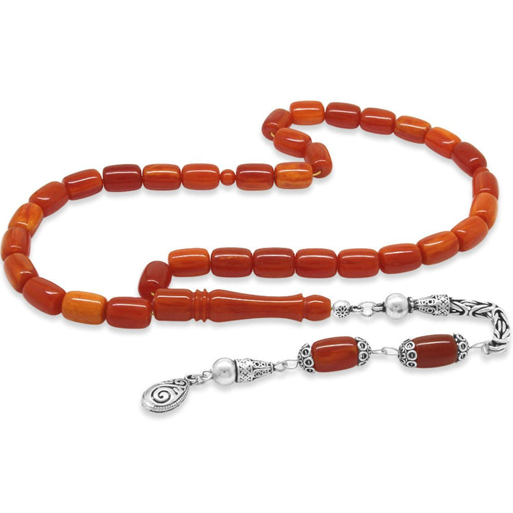 925 Sterling Silver King Tassel Capsule Cut Orange Red Crimped Amber Rosary - EFENDINA PAZAR - Tesbihane - 101004465