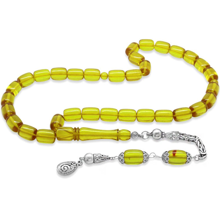 925 Sterling Silver King Tassel Capsule Cut Yellow Crimped Amber Rosary - EFENDINA PAZAR - Tesbihane - 101004455