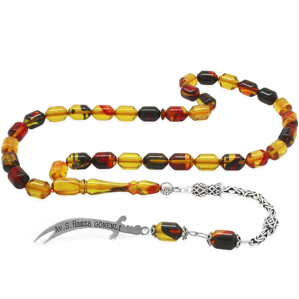 925 Sterling Silver King Tassel End Capsule Cut Bala - Black Fire Amber Rosary with Personalized Name Written on it - EFENDINA PAZAR - Tesbihane - 101004691