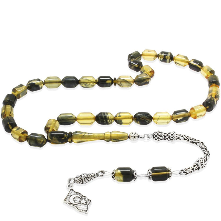 925 Sterling Silver King Tassel End Capsule Cut Black - White Fire Amber Rosary - EFENDINA PAZAR - Tesbihane - 101004660