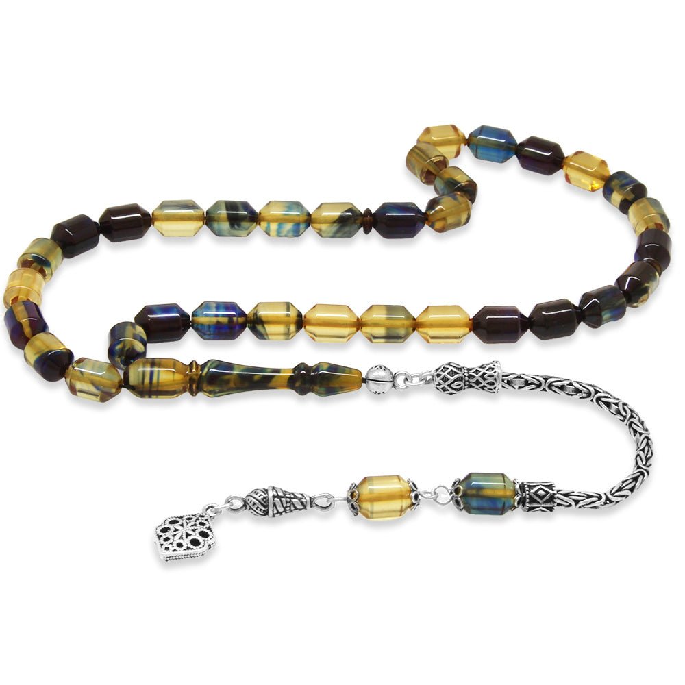 925 Sterling Silver King Tassel End Capsule Cut Blue - White Fire Amber Rosary - EFENDINA PAZAR - Tesbihane - 101004880