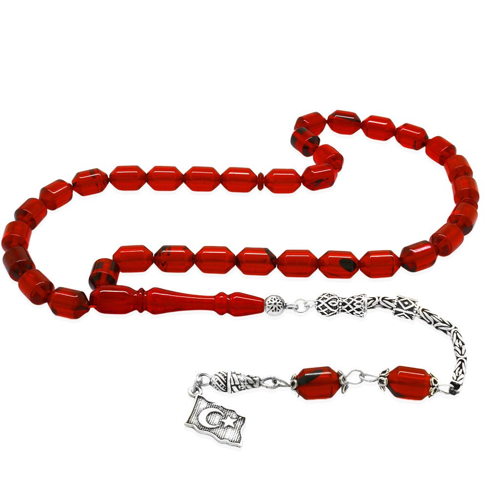 925 Sterling Silver King Tassel End Capsule Cut Flag Red Fire Amber Rosary - EFENDINA PAZAR - Tesbihane - 101004664
