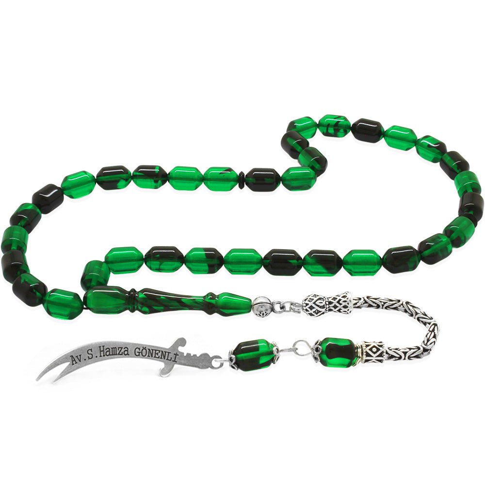 925 Sterling Silver King Tassel End Capsule Cut Green - Black Fire Amber Rosary with Personalized Name Written on it - EFENDINA PAZAR - Tesbihane - 101004698