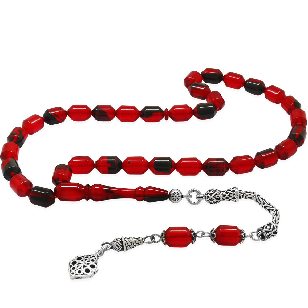 925 Sterling Silver King Tassel End Capsule Cut Red - Black Fire Amber Rosary - EFENDINA PAZAR - Tesbihane - 101004663