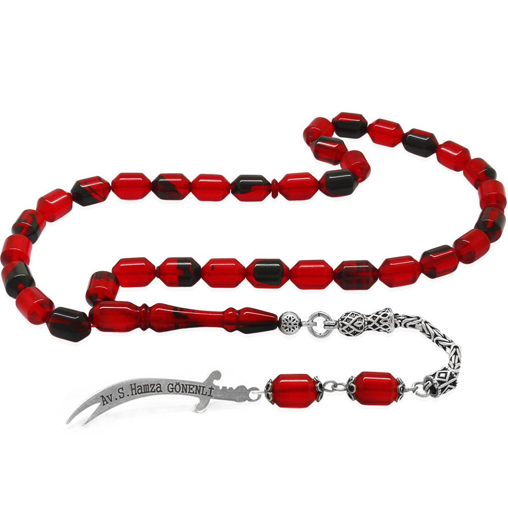925 Sterling Silver King Tassel End Capsule Cut Red - Black Fire Amber Rosary with Personalized Name Written on it - EFENDINA PAZAR - Tesbihane - 101004693