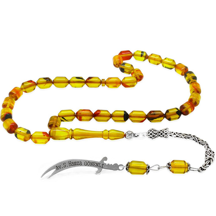 925 Sterling Silver King Tassel End Capsule Cut Transparent Bala - Black Fire Amber Rosary with Personalized Name Written on it - EFENDINA PAZAR - Tesbihane - 101004692