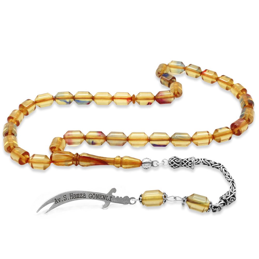 925 Sterling Silver King Tassel End Capsule Cut Transparent Bonibon Fire Amber Rosary with Personalized Name Written on it - EFENDINA PAZAR - Tesbihane - 101004696