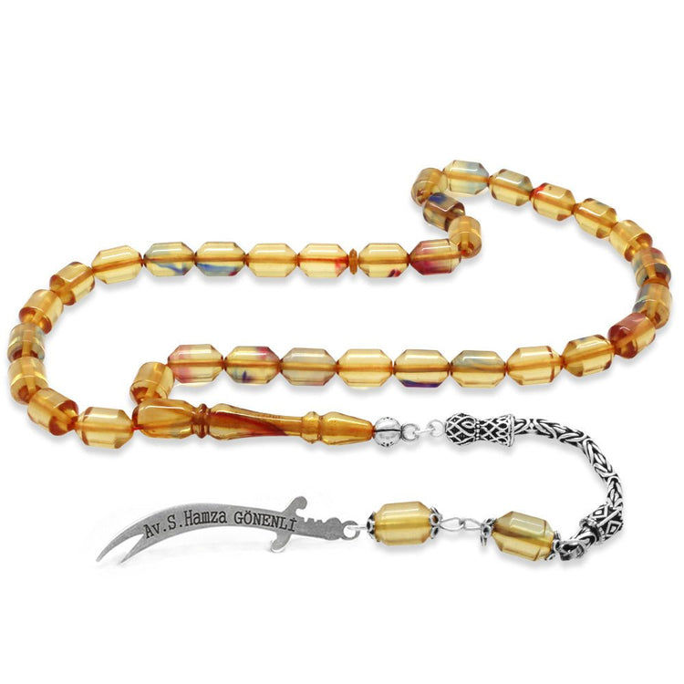 925 Sterling Silver King Tassel End Capsule Cut Transparent Bonibon Fire Amber Rosary with Personalized Name Written on it - EFENDINA PAZAR - Tesbihane - 101004696