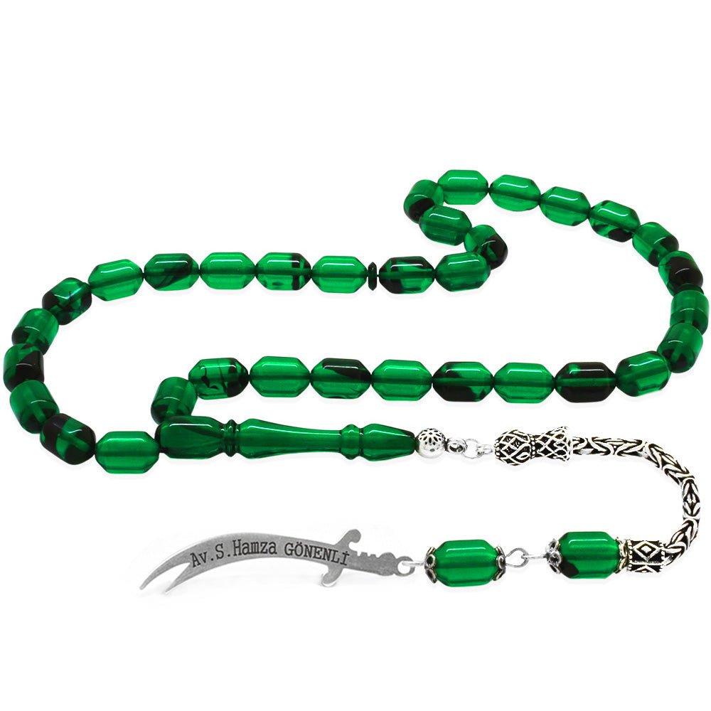 925 Sterling Silver King Tassel End Capsule Cut Transparent Green - Black Fire Amber Rosary with Personalized Name Written on it - EFENDINA PAZAR - Tesbihane - 101004697