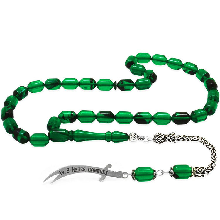 925 Sterling Silver King Tassel End Capsule Cut Transparent Green - Black Fire Amber Rosary with Personalized Name Written on it - EFENDINA PAZAR - Tesbihane - 101004697
