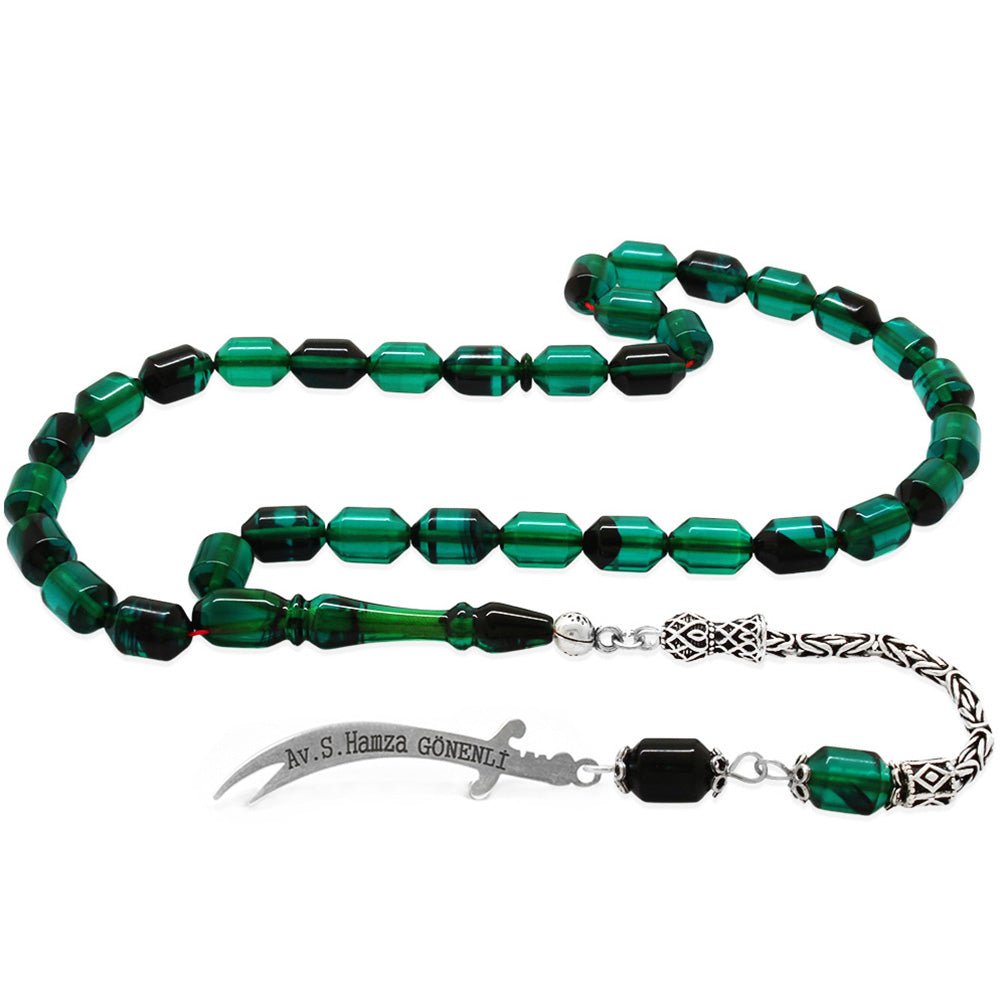 925 Sterling Silver King Tassel End Capsule Cut Turquoise - Black Fire Amber Rosary with Personalized Name Written on it - EFENDINA PAZAR - Tesbihane - 101004699