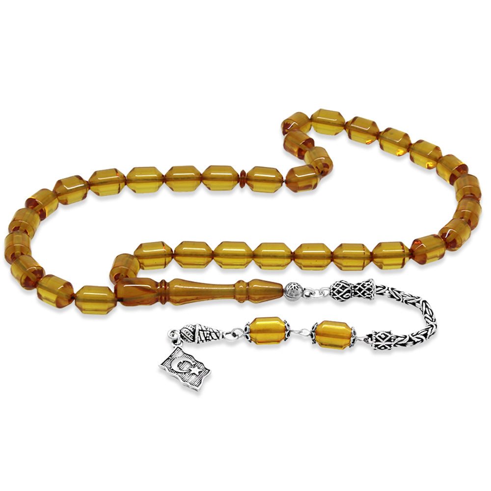 925 Sterling Silver King Tassel End Capsule Cut Yellow Fire Amber Rosary - EFENDINA PAZAR - Tesbihane - 101004892