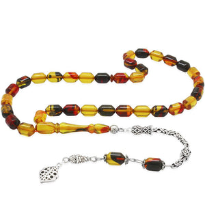 925 Sterling Silver King Tassel Ended Capsule Cut Bala - Black Fire Amber Rosary - EFENDINA PAZAR - Tesbihane - 101004661