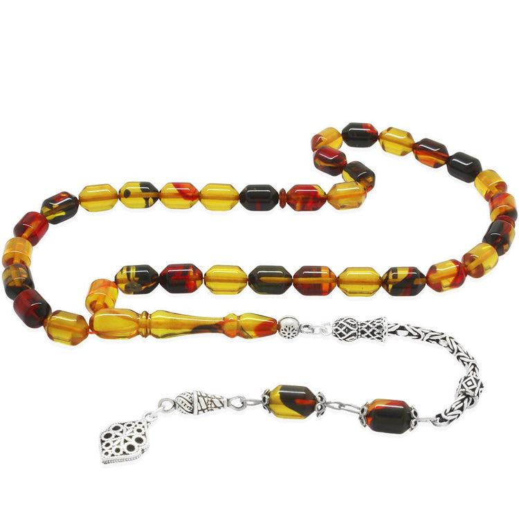 925 Sterling Silver King Tassel Ended Capsule Cut Bala - Black Fire Amber Rosary - EFENDINA PAZAR - Tesbihane - 101004661