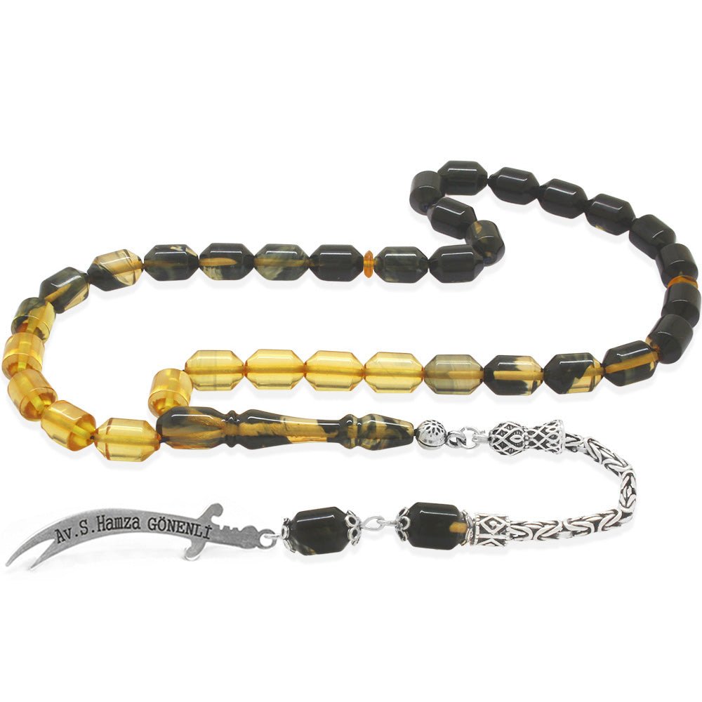 925 Sterling Silver King Tassel Ended Capsule Cut Black - White Fire Amber Rosary with Personalized Name Written on it - EFENDINA PAZAR - Tesbihane - 101004689