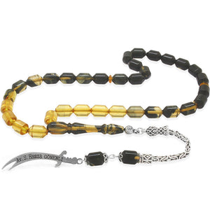 925 Sterling Silver King Tassel Ended Capsule Cut Black - White Fire Amber Rosary with Personalized Name Written on it - EFENDINA PAZAR - Tesbihane - 101004689