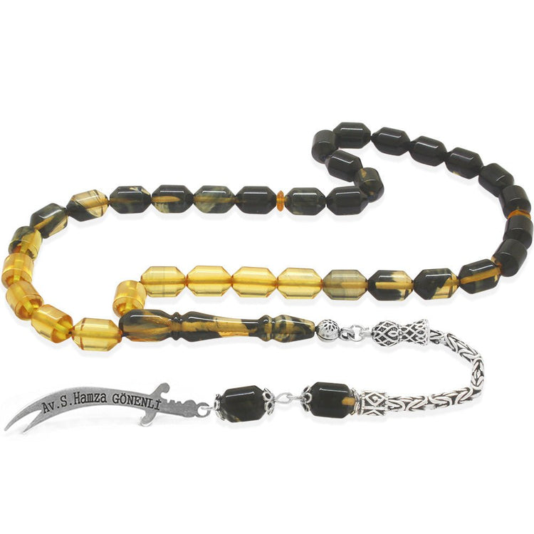 925 Sterling Silver King Tassel Ended Capsule Cut Black - White Fire Amber Rosary with Personalized Name Written on it - EFENDINA PAZAR - Tesbihane - 101004689
