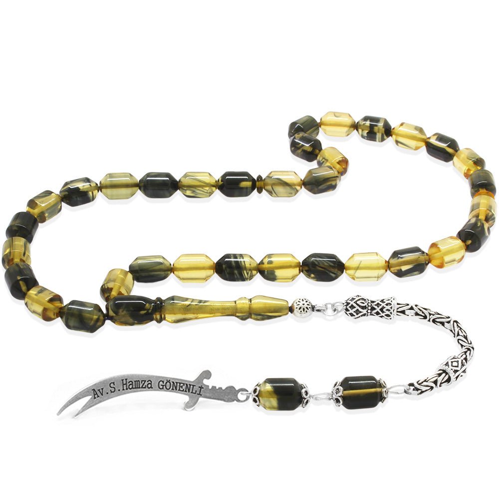 925 Sterling Silver King Tassel Ended Capsule Cut Black - White Fire Amber Rosary with Personalized Name Written on it - EFENDINA PAZAR - Tesbihane - 101004690