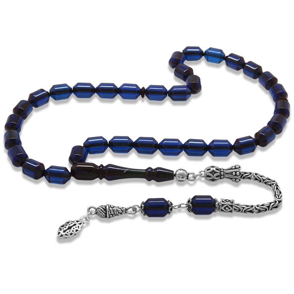 925 Sterling Silver King Tassel Ended Capsule Cut Dark Blue Crimped Amber Rosary - EFENDINA PAZAR - Tesbihane - 101004871