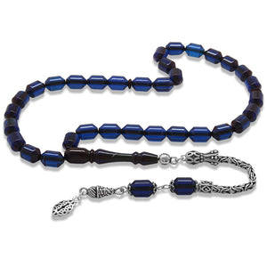 925 Sterling Silver King Tassel Ended Capsule Cut Dark Blue Crimped Amber Rosary - EFENDINA PAZAR - Tesbihane - 101004871