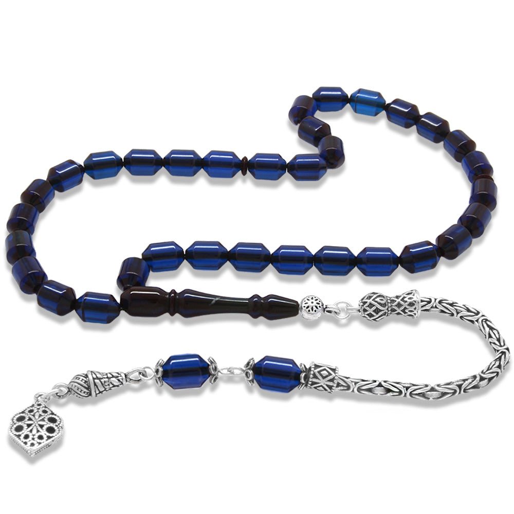 925 Sterling Silver King Tassel Ended Capsule Cut Dark Navy Blue Crimped Amber Rosary - EFENDINA PAZAR - Tesbihane - 101004868