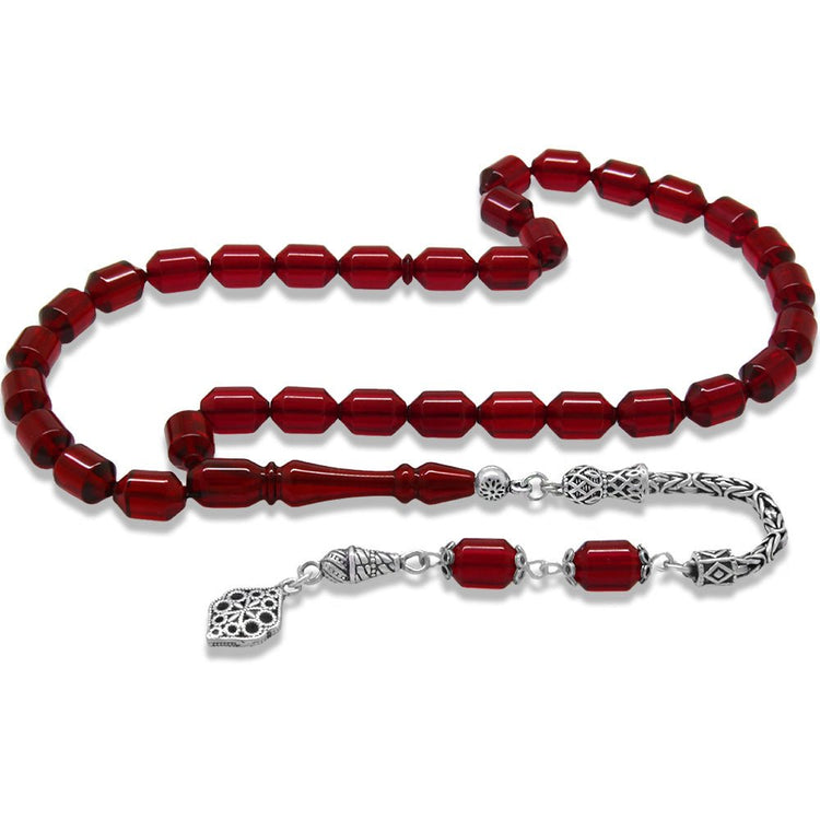 925 Sterling Silver King Tassel Ended Capsule Cut Dark Red Fire Amber Rosary - EFENDINA PAZAR - Tesbihane - 101004877