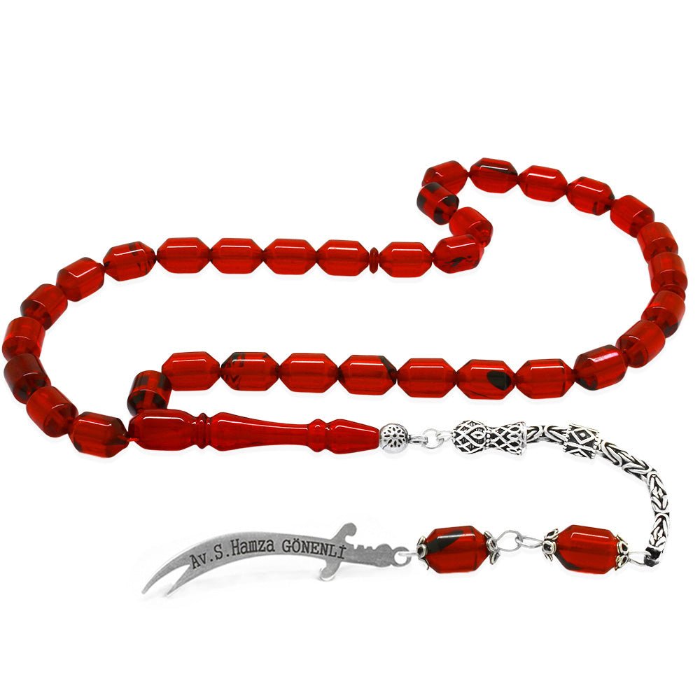 925 Sterling Silver King Tassel Ended Capsule Cut Flag Red Fire Amber Rosary with Personalized Name Written - EFENDINA PAZAR - Tesbihane - 101004694