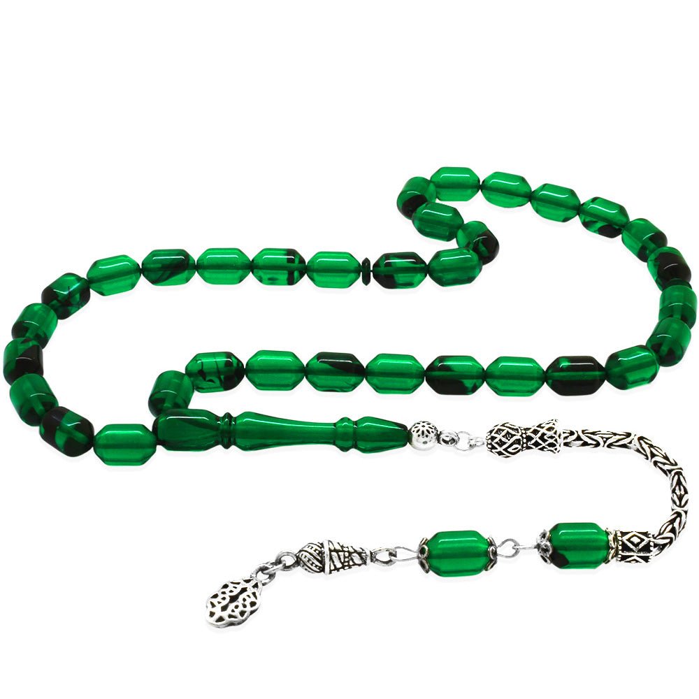 925 Sterling Silver King Tassel Ended Capsule Cut Green - Black Fire Amber Rosary - EFENDINA PAZAR - Tesbihane - 101004668