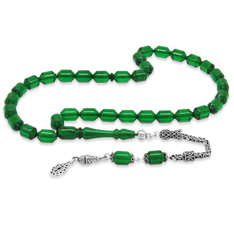 925 Sterling Silver King Tassel Ended Capsule Cut Green Fire Amber Rosary - EFENDINA PAZAR - Tesbihane - 101004895