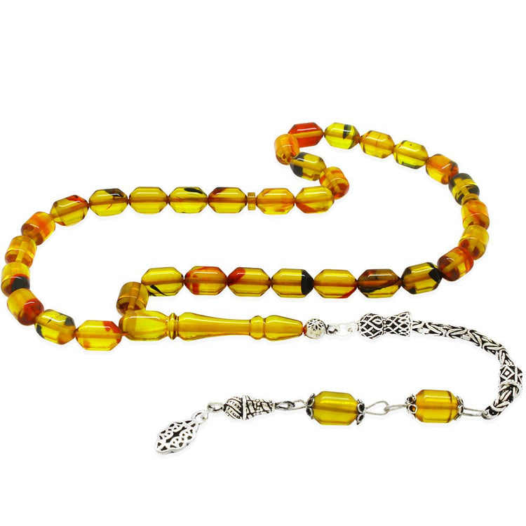 925 Sterling Silver King Tassel Ended Capsule Cut Transparent Bala - Black Fire Amber Rosary - EFENDINA PAZAR - Tesbihane - 101004662