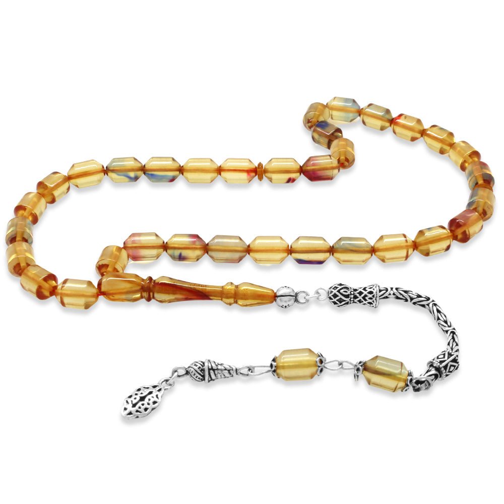 925 Sterling Silver King Tassel Ended Capsule Cut Transparent Bonibon Fire Amber Rosary - EFENDINA PAZAR - Tesbihane - 101004666