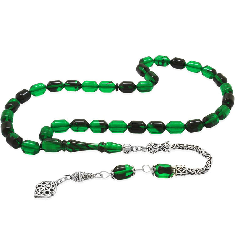925 Sterling Silver King Tassel Ended Capsule Cut Transparent Green - Black Fire Amber Rosary - EFENDINA PAZAR - Tesbihane - 101004667