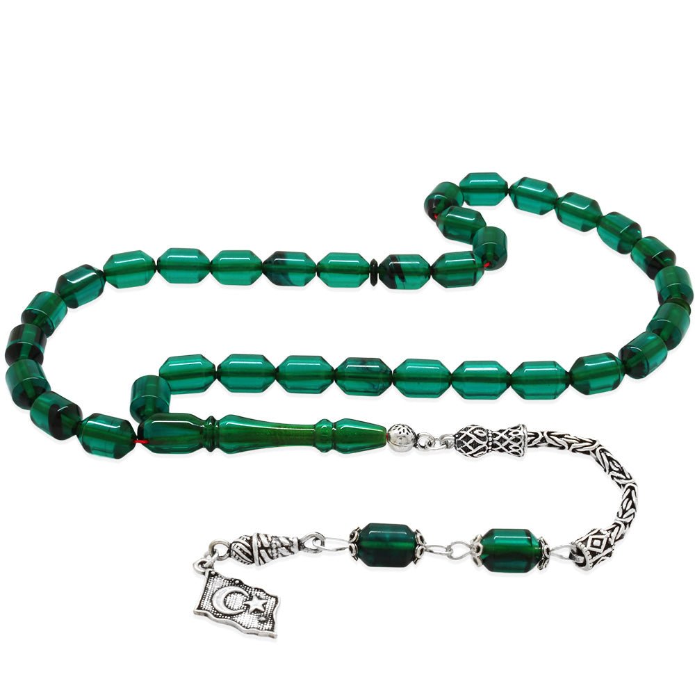 925 Sterling Silver King Tassel Ended Capsule Cut Transparent Turquoise - Black Fire Amber Rosary - EFENDINA PAZAR - Tesbihane - 101004670