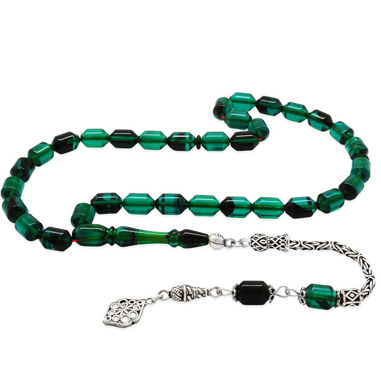 925 Sterling Silver King Tassel Ended Capsule Cut Turquoise - Black Fire Amber Rosary - EFENDINA PAZAR - Tesbihane - 101004669