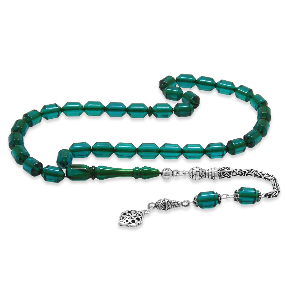 925 Sterling Silver King Tassel Ended Capsule Cut Turquoise Fire Amber Rosary - EFENDINA PAZAR - Tesbihane - 101004883