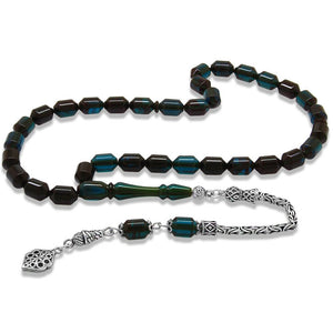 925 Sterling Silver King Tassel Ended Capsule Cut Water Blue - Black Fire Amber Rosary - EFENDINA PAZAR - Tesbihane - 101004874