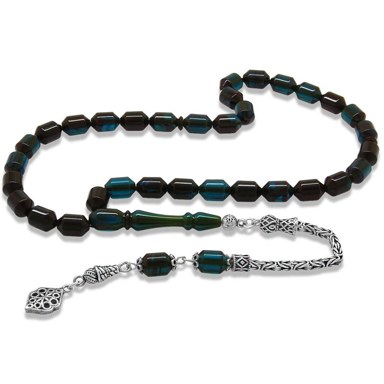 925 Sterling Silver King Tassel Ended Capsule Cut Water Blue - Black Fire Amber Rosary - EFENDINA PAZAR - Tesbihane - 101004874